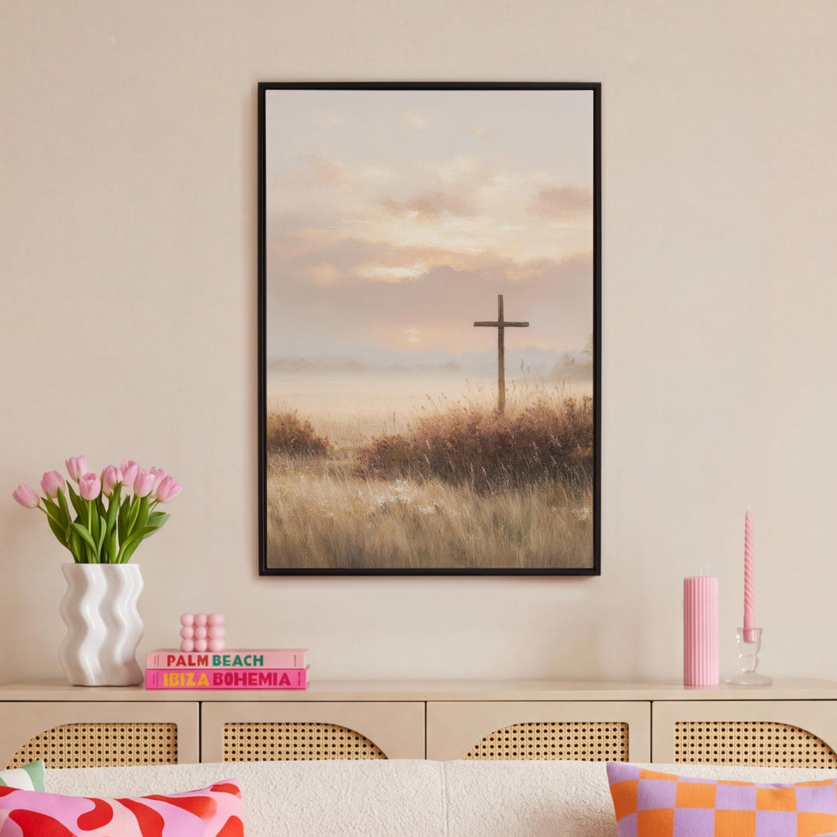 LEINWAND Bilder mit Rahmen - Gras - Morgennebel - Kreuz - Christentum - 60x90 - Beige, Textil (60/90cm) - MuchoWow