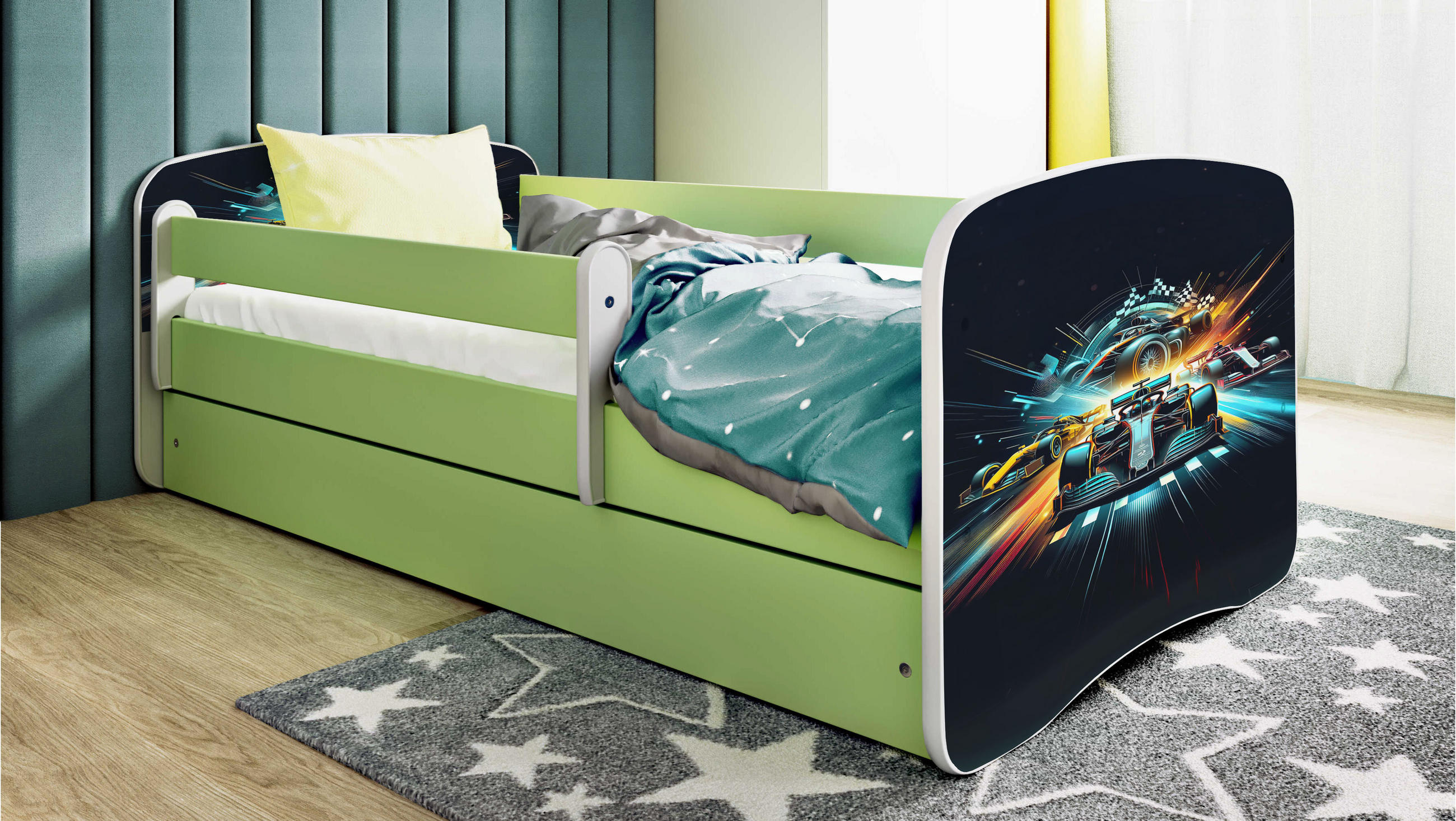 KINDERBETT Ethnie mit Schublade 140/70 80/61/144 - Grün, Holzwerkstoff (70/140cm) - RAUMHIRSCH FURNITURE