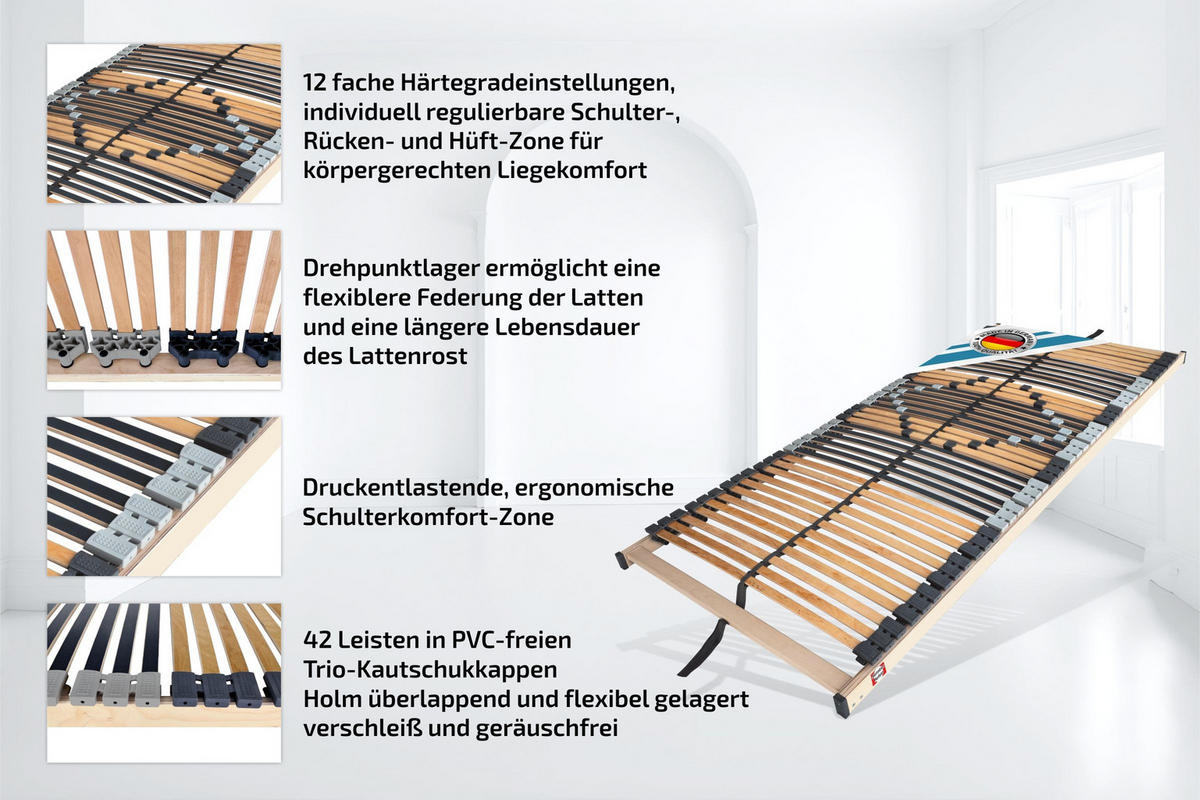 LATTENROST Starr 42 Leisten 140x200cm 8,5 cm Hoch 7-Zonen bis 200 kg - Buchefarben/Naturfarben, Holz (140/200cm) - Matratzen Perfekt