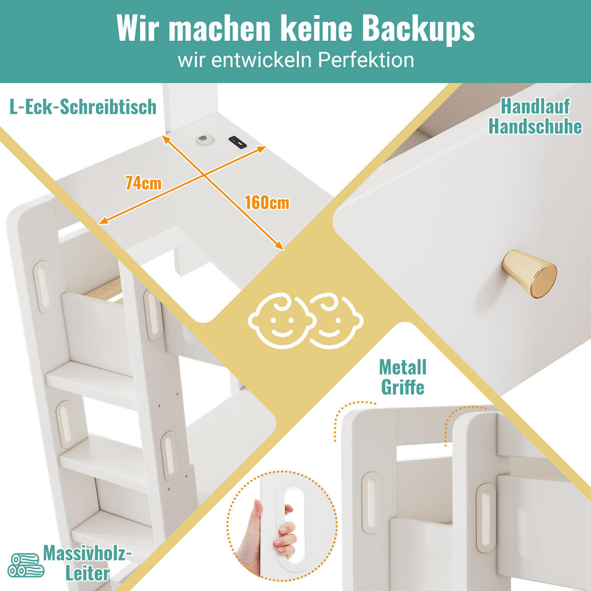 KINDEREINZELBETTEN aus Holz 90x200 cm in Weiß mit Schreibtisch & USB/Type-C-Ladefunktion - Weiß, Holz (90/200cm) - Modfu