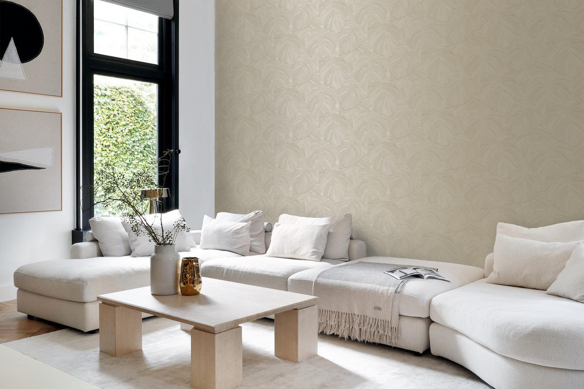 TAPETE tropische Blätter 53 cm x 10.05 m - Beige, Papier (53/1000cm) - Origin Wallcoverings