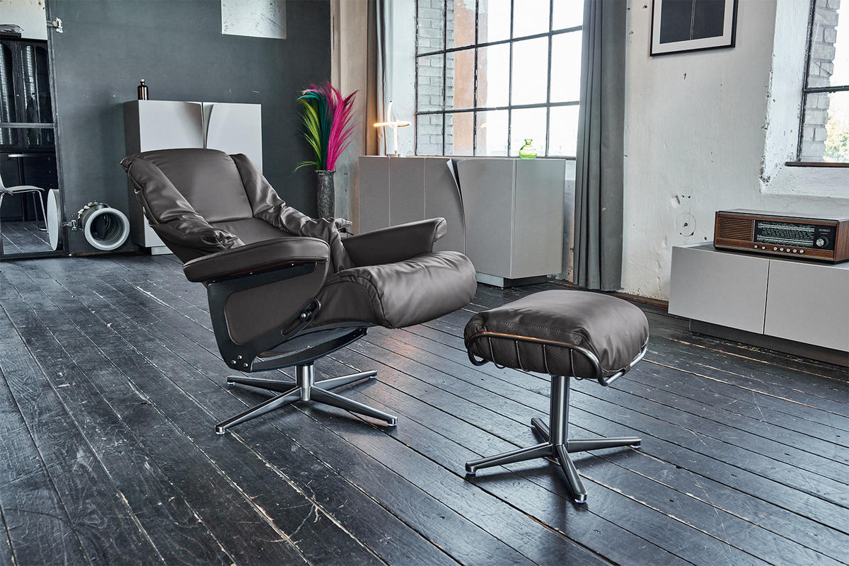 RELAXSESSEL MIT HOCKER MODO Grau Leder - Silberfarben/Grau, Leder/Metall (81/98/90cm) - KAWOLA
