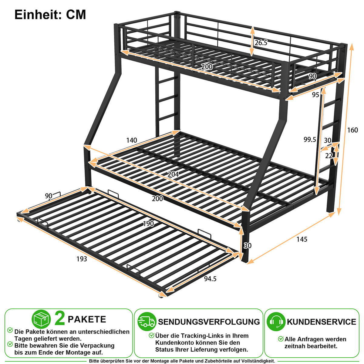 ETAGENBETT 90/200 cm & 140/200 cm in Schwarz mit Ausziehbett - Schwarz, Metall (90/200cm) - CHICFURN