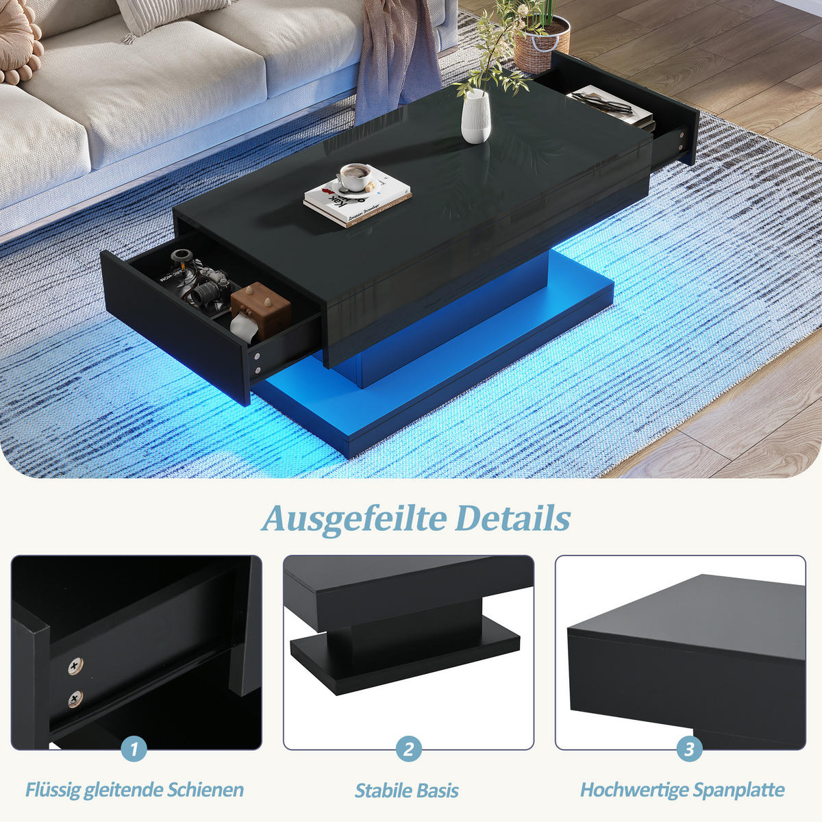 COUCHTISCH in Schwarz Kaffeetisch mit 2 Schubladen und LED-Lichtleiste für Wohnzimmer, B100/T50/H45cm - Schwarz, Holzwerkstoff (50/100/45cm) - STILVORA