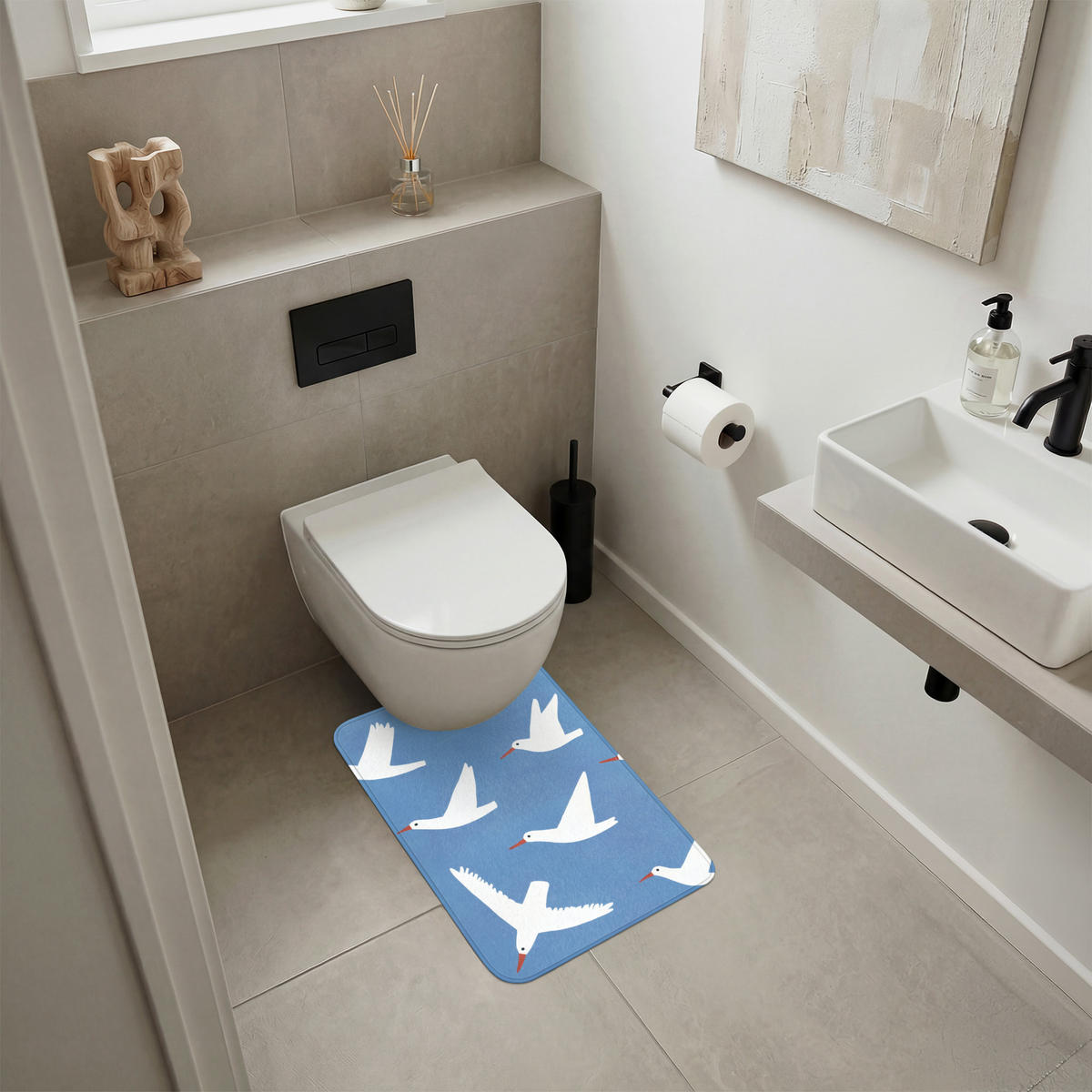 WC PŘEDLOŽKA Ptáci - bílá - vzor 40x60 cm - modrá, textil/plast (40/1cm) - OnlyWow