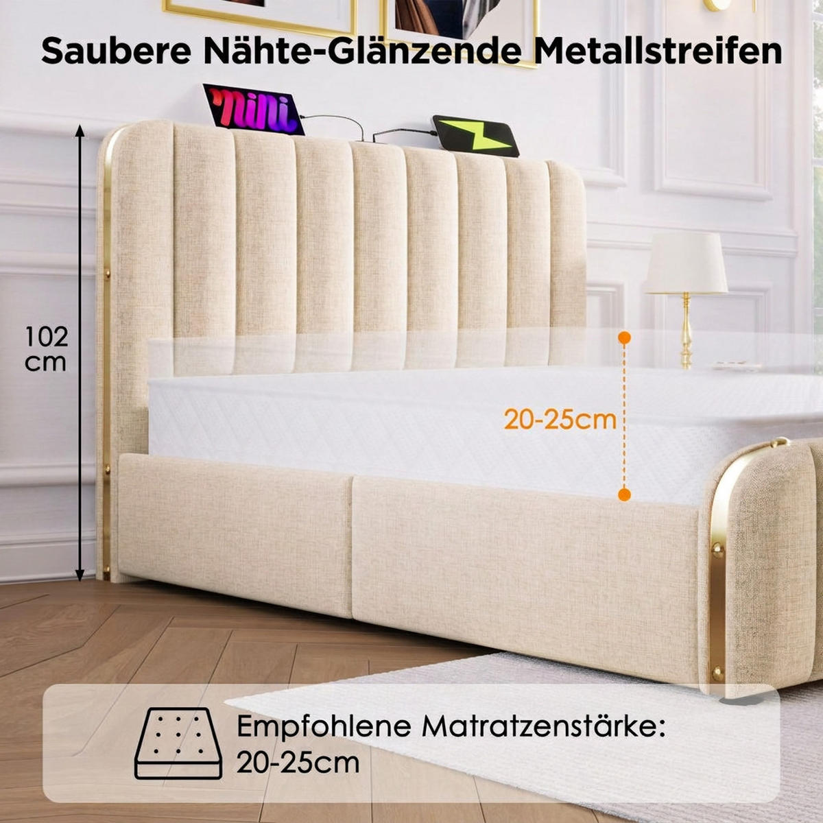 POLSTERBETT 90/200 cm Beige mit 4 Schubladen und USB Typ-C Ladefunktion - Beige, Textil (90/200cm) - Oxeza