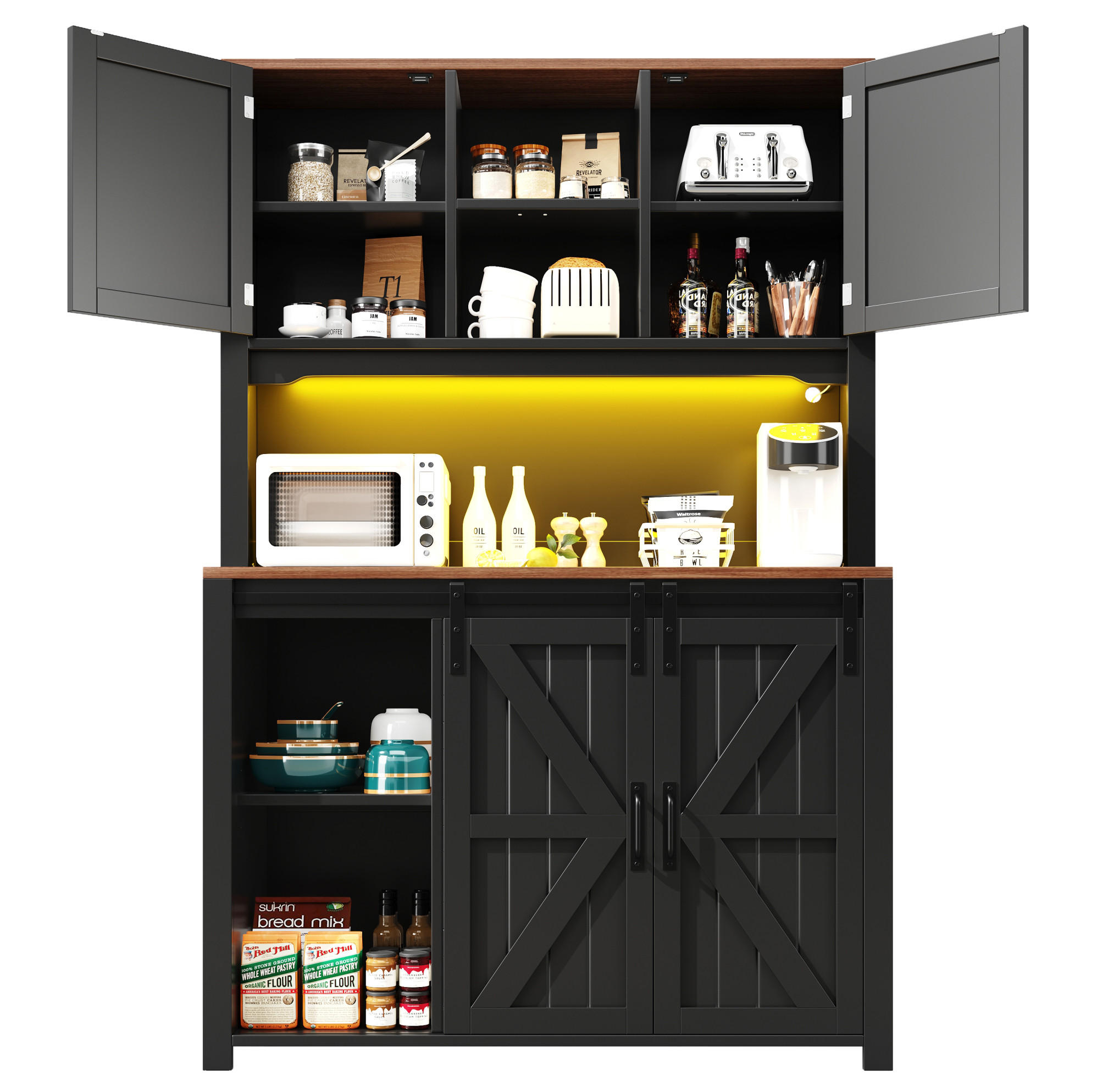 BUFFET 115/40/174,7 cm in Schwarz mit LED-Beleuchtung und Schiebetüren - Schwarz, Holzwerkstoff (115/174.7/40cm) - Flora Grace