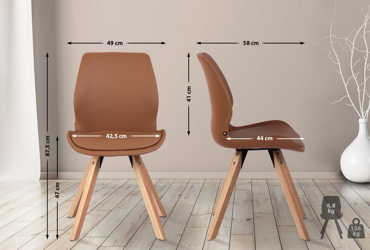 STUHL 2er Set Lederlook hellbraun - Hellbraun/Eukalyptusholzfarben, Holz/Textil (49/87.5/58cm) - CLP