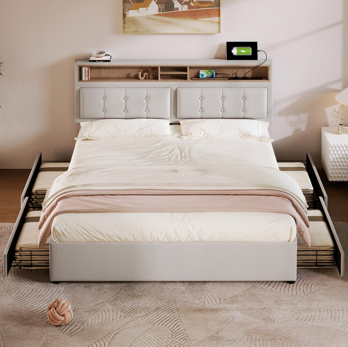 POLSTERBETT 160/200 cm mit Matratze, USB-C, Steckdosen, 4 Schubladen und verstellbarem Kopfteil, Beige - Beige, Textil (160/160cm) - Redom