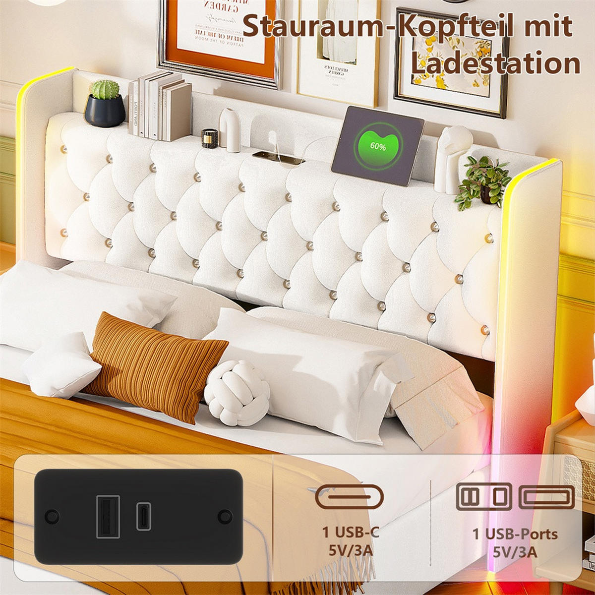 POLSTERBETT 160x200 cm - Doppelbett mit hydraulischem Stauraum und LED - ohne Matratze - Beige - Beige, Textil (160/200cm) - DELFA