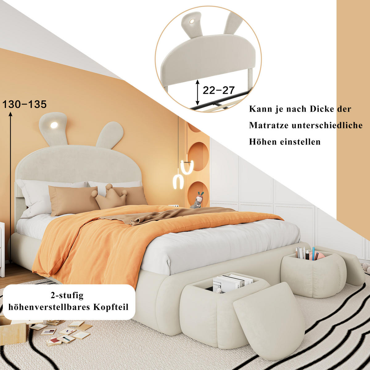POLSTERBETT 140/200 cm aus Samt mit LED-Hasenohren und Stauraum Beige - Weiß, Textil (140/200cm) - Modenvie