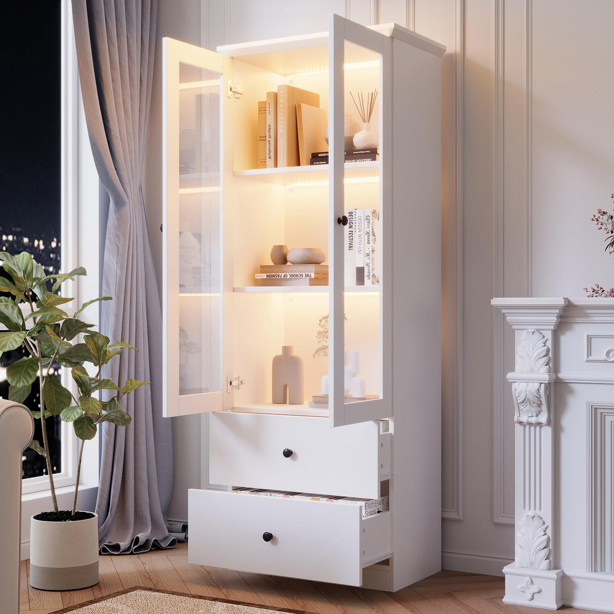 LED-VITRINE mit 2 Schubladen in weiß - Weiß, Holz (36/165/60cm) - KOMHTOM