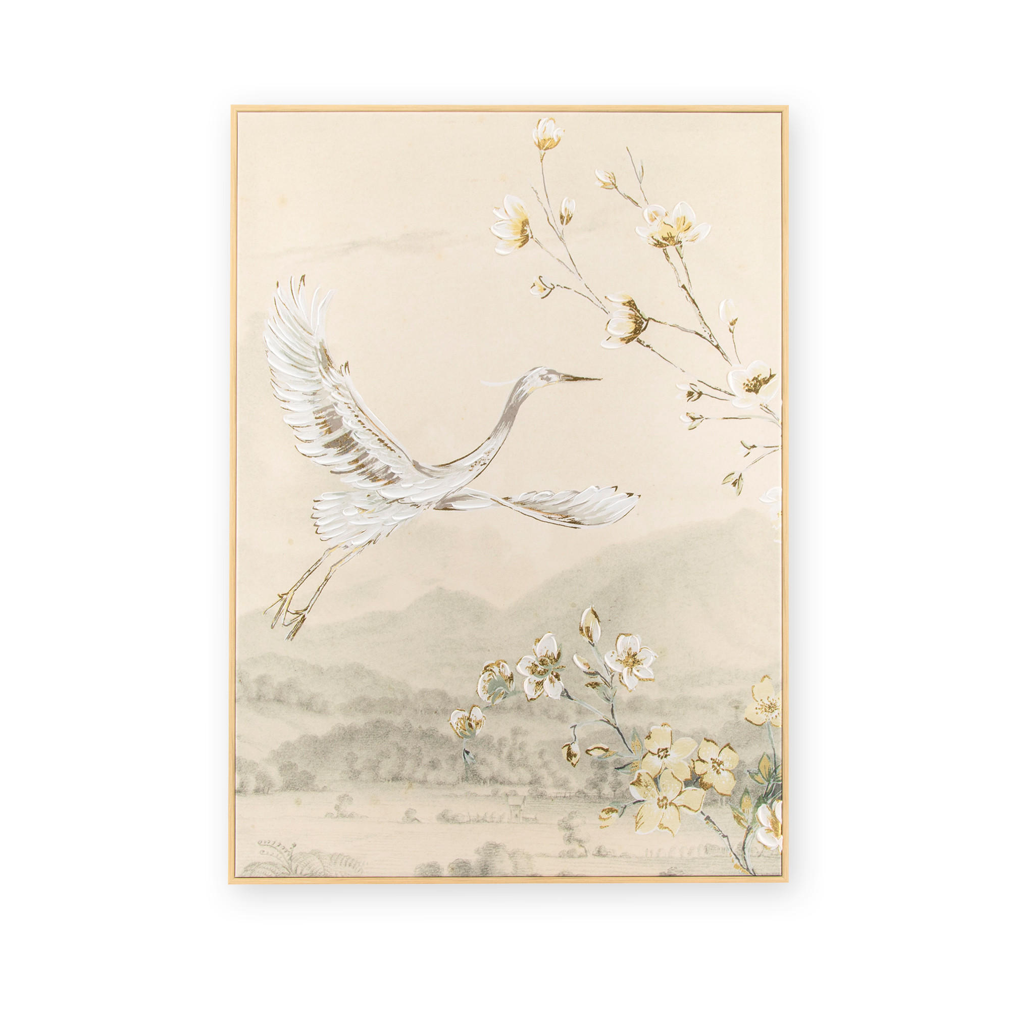 LEINWANDBILD - Kranich mit Blüte - 70x50cm - Beige - Gelb, Holzwerkstoff (50/70cm) - Art for the Home
