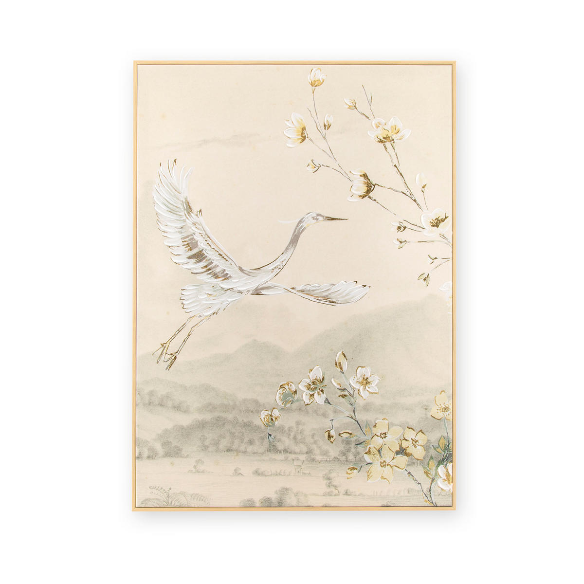 LEINWANDBILD - Kranich mit Blüte - 70x50cm - Beige - Gelb, Holzwerkstoff (50/70cm) - Art for the Home