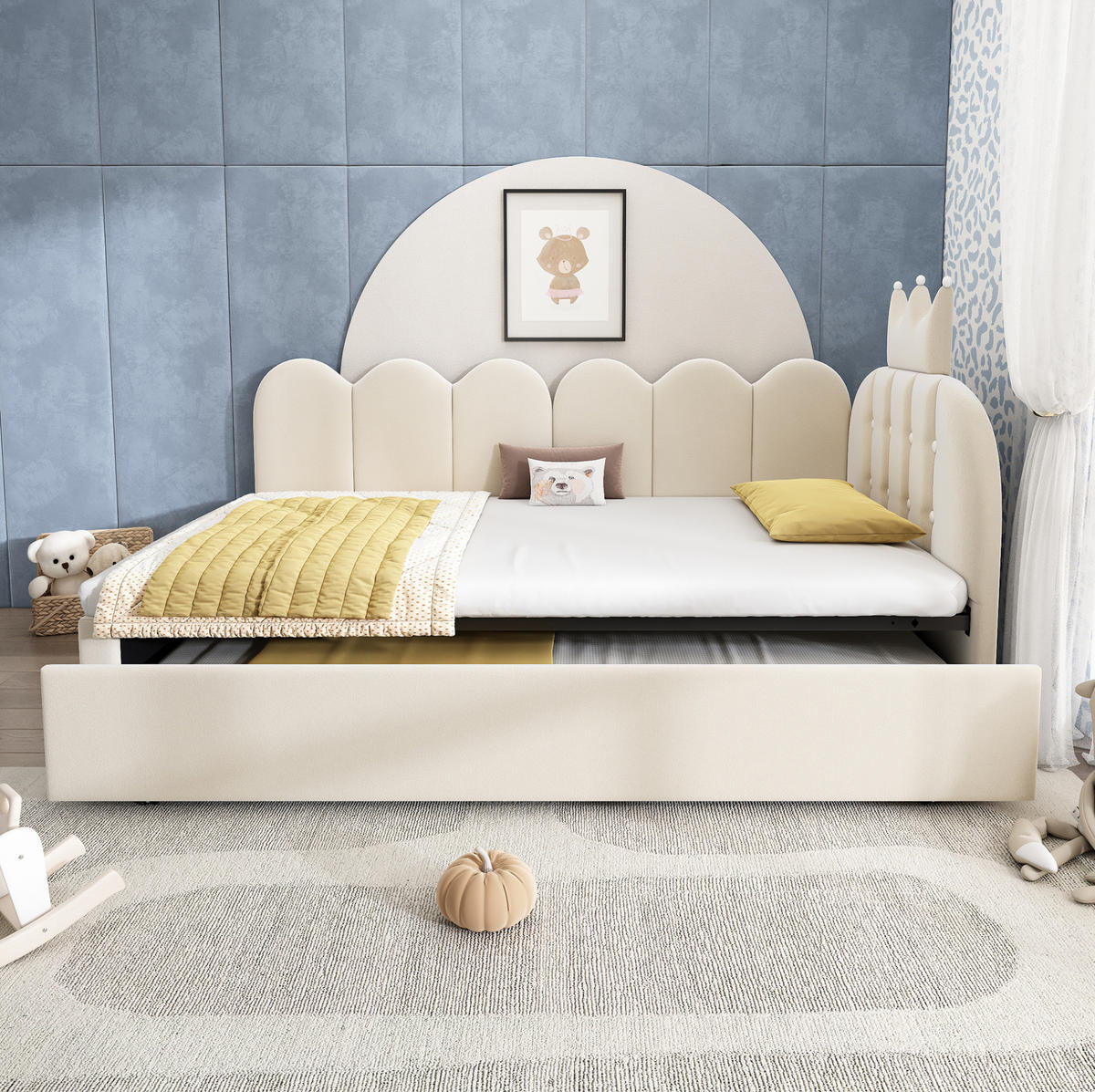 BETT mit Ausziehbett 90x200 cm Samt Beige - Beige, Holzwerkstoff (90/200cm) - Beauniv