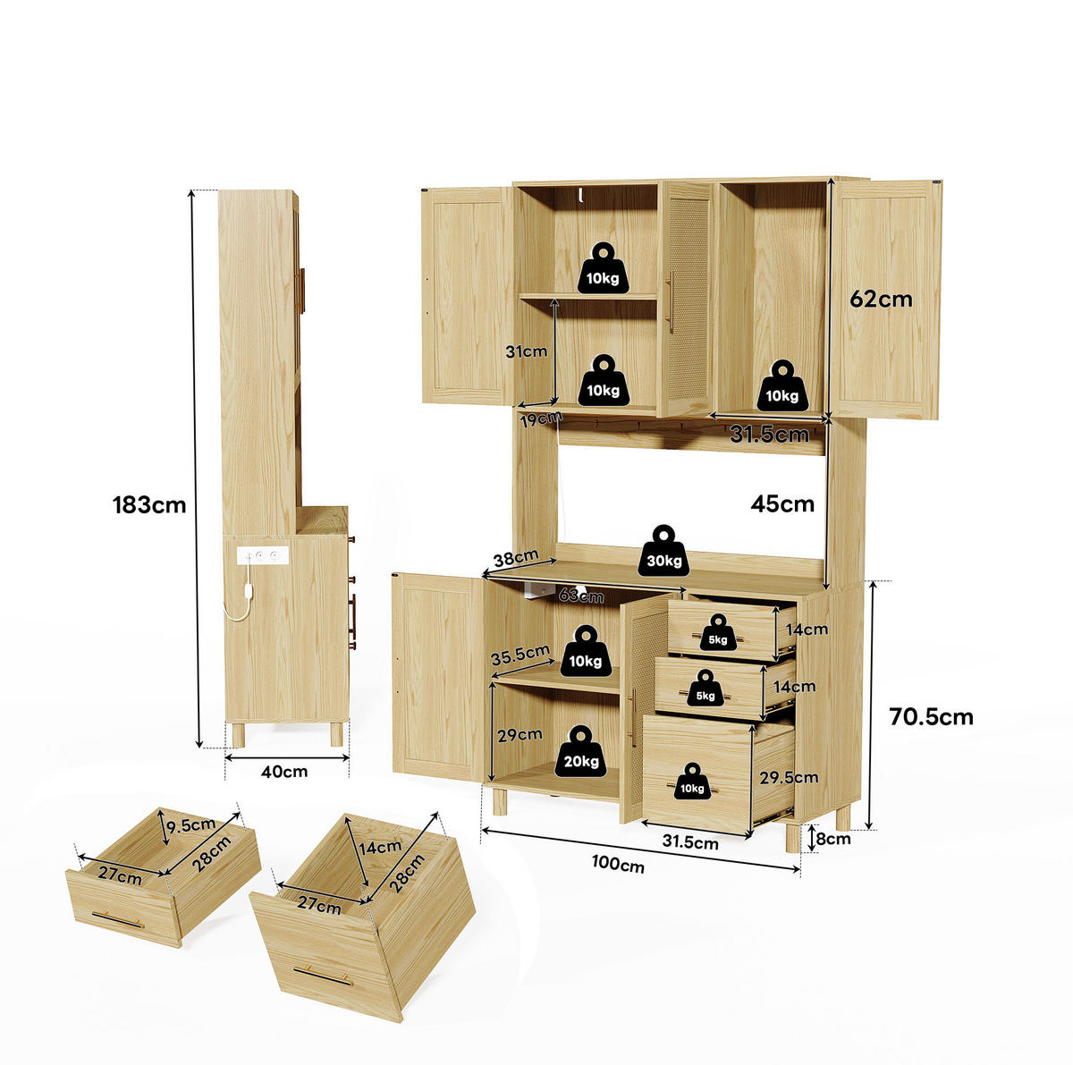 BUFFET aus MDF 100x40x183 cm Naturfarben mit LED-Beleuchtung, 2 Steckdosen, USB-Anschluss und viel Stauraum - Naturfarben, Holzwerkstoff (100/183/40cm) - Modfu
