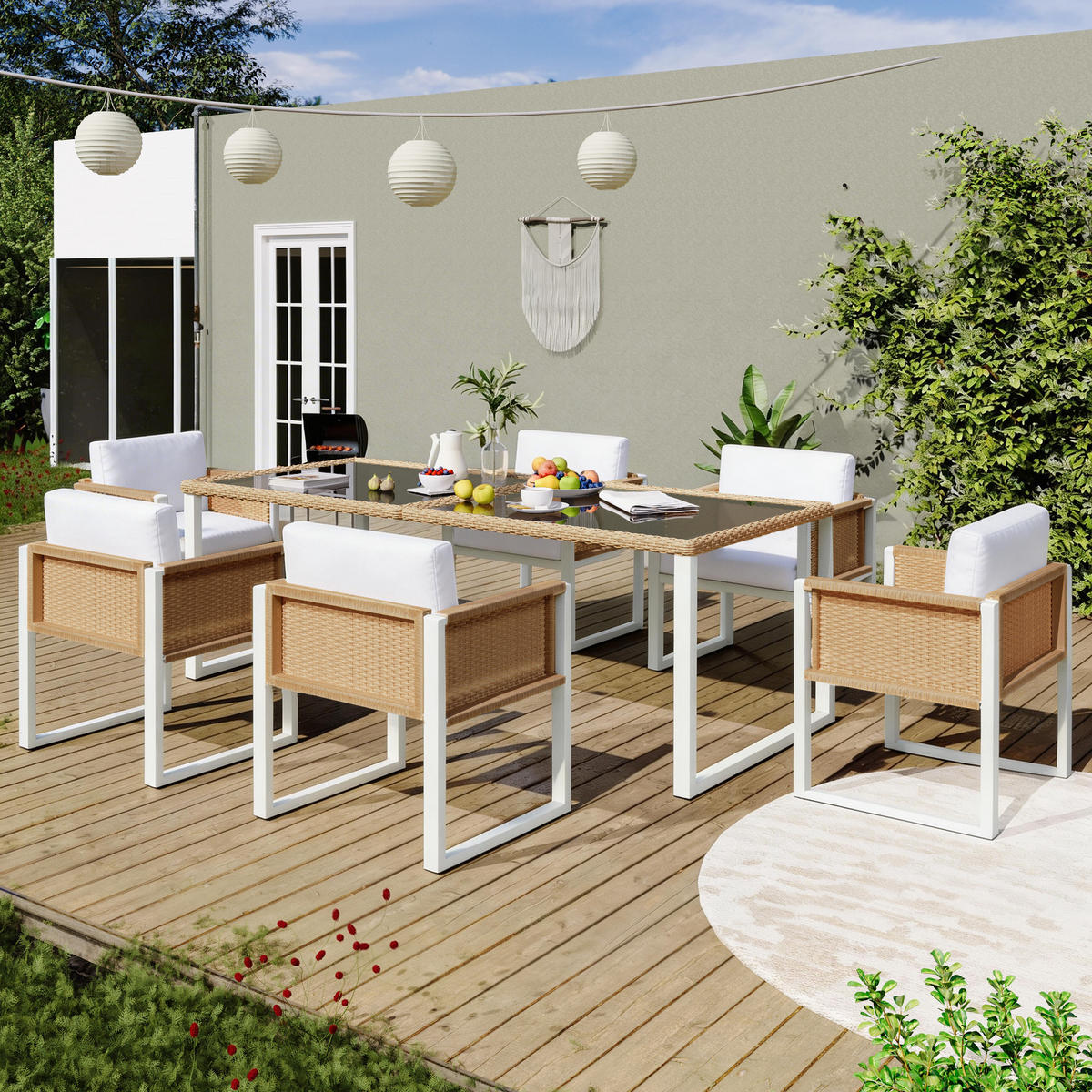 GARTEN-ESSGRUPPE 170/80/75 cm braun/weiß aus PE-Rattan mit 6 Stühlen - Braun, Naturmaterialien - OKWISH