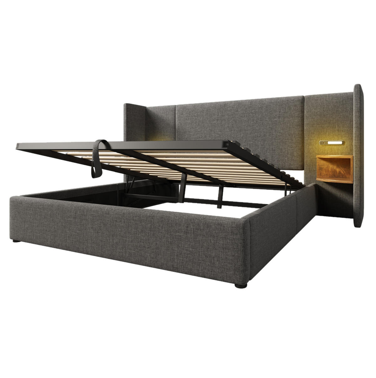 BETT mit Stauraum 160x200 cm Leinen Grau mit USB und Leselampe - Grau, Metall (160/200cm) - Meubliv