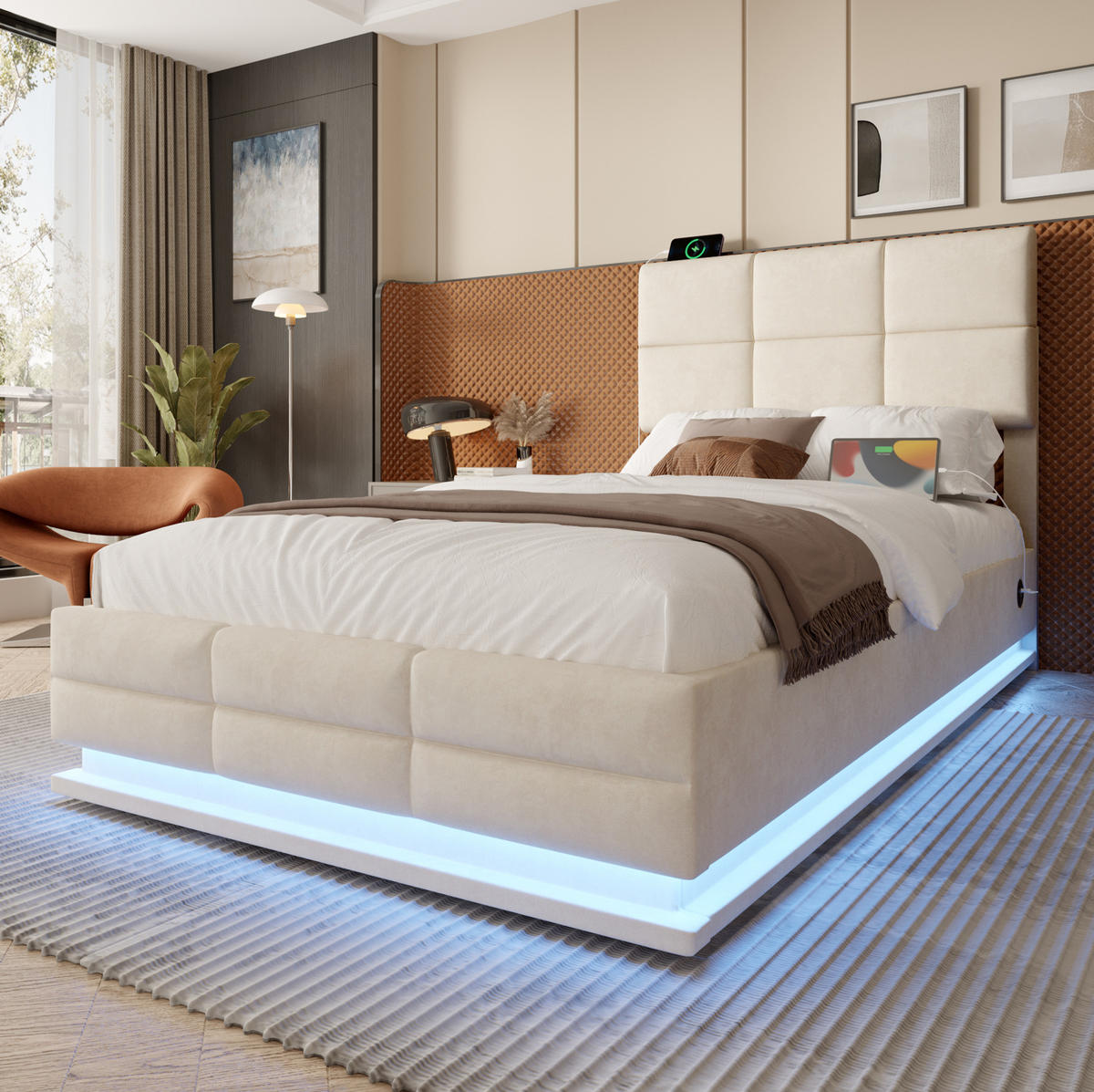 BETT mit Stauraum 90x200 cm Samt Beige - Beige, Metall (90/200cm) - Meubliv