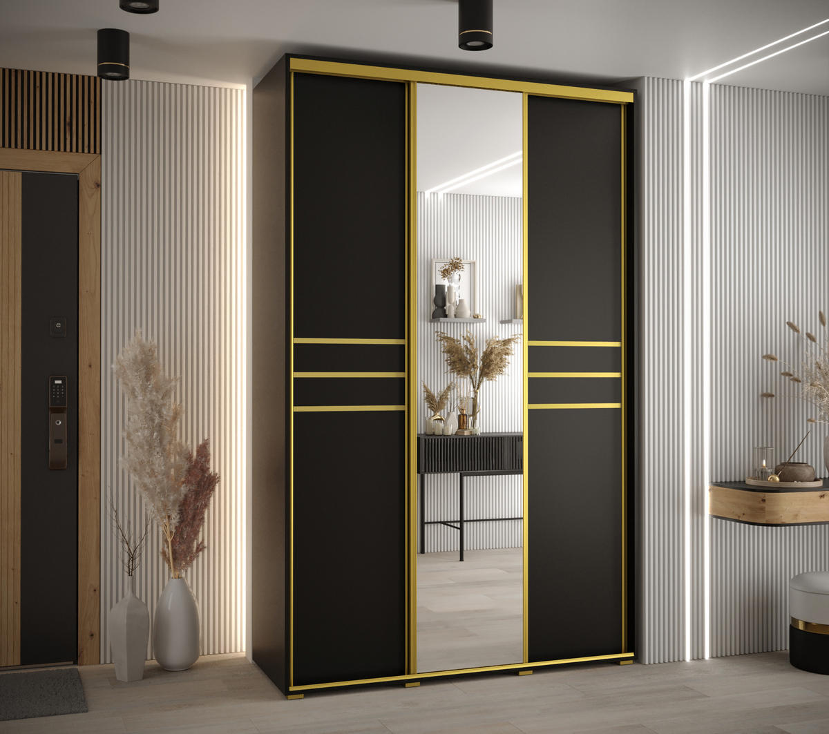 SCHWEBETÜRENSCHRANK 235,2/160/45 3-türig - Goldfarben/Schwarz, Holz/Metall (160/235/45cm) - Abiks Möbel