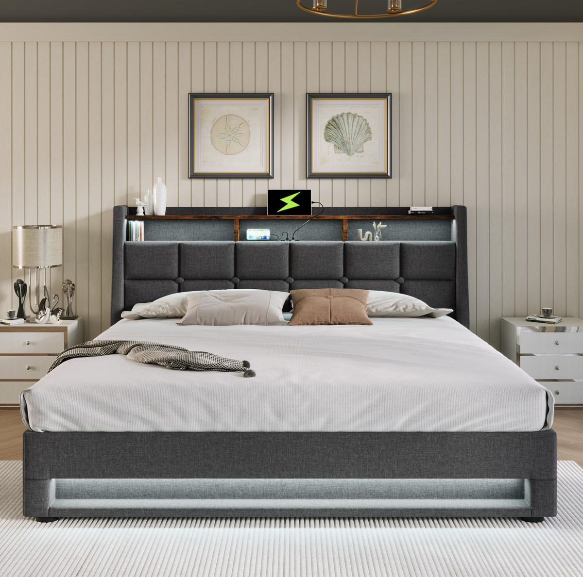 POLSTERBETT 140/200 cm Grau mit LED-Beleuchtung, USB-Anschluss und Stauraum - Grau, Textil (140/200cm) - Flora Grace
