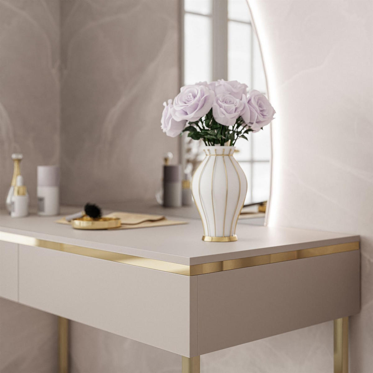 SCHMINKTISCH AURORA-Q GOLD auf goldenem Gestell mit rechts Spiegel - Kaschmir/Goldfarben, Holzwerkstoff/Metall (102/174/44cm) - Lookway