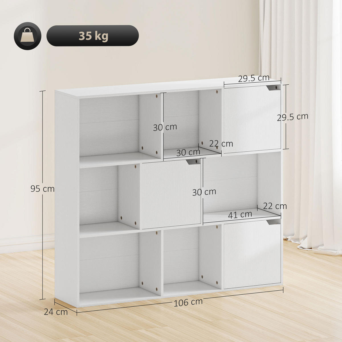 BÜCHERREGAL,WÜRFELFÖRMIG 6 offen 3 geschlossen 106x24x95cm,weiß - Weiß, Holzwerkstoff (106/95/24cm) - Vallsero