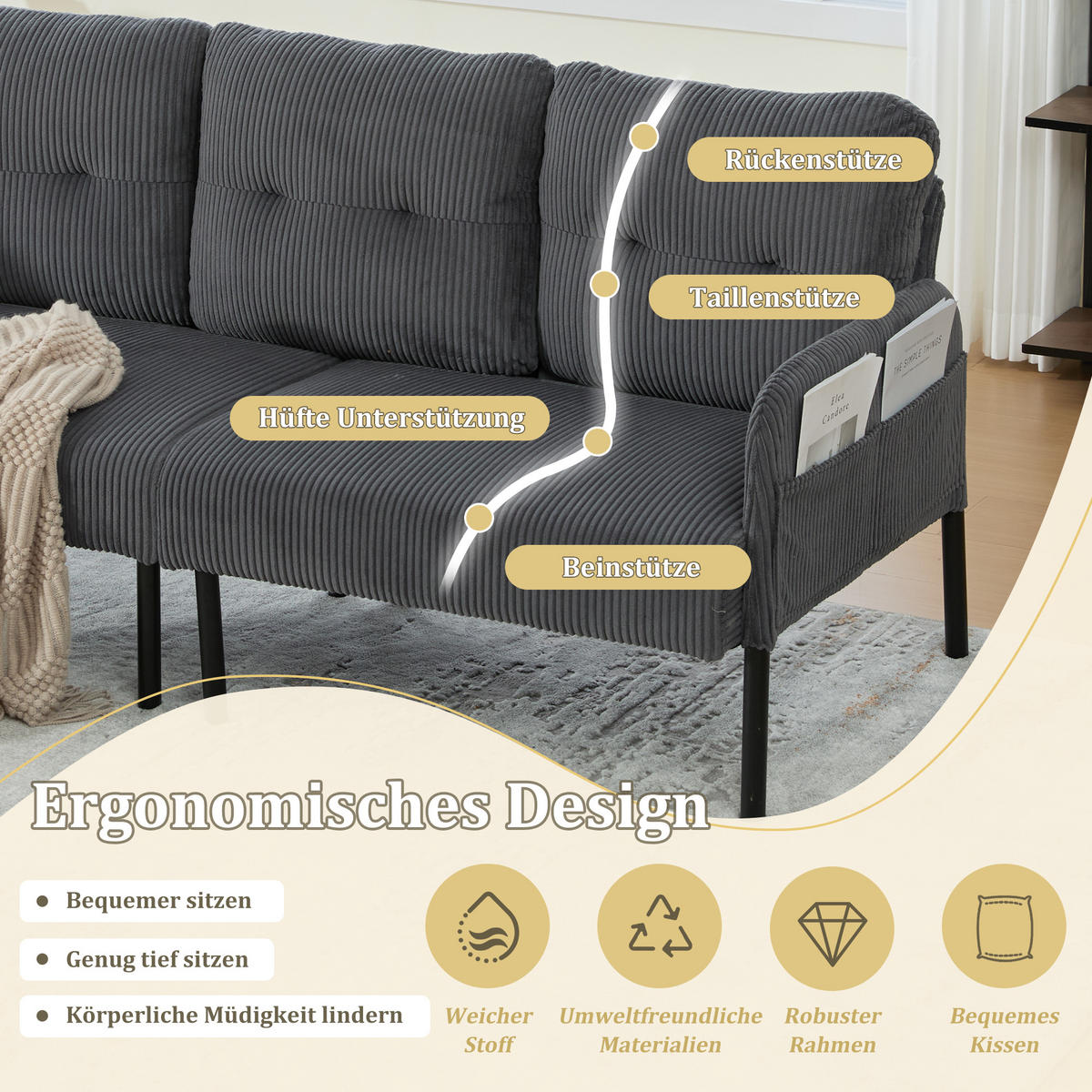 3-SITZER Sofa mit Seitentaschen, Metallgestell & Leinenstoff, 171cm, Grau - Schwarz/Grau, Textil/Metall (171/80/72cm) - LVHOM