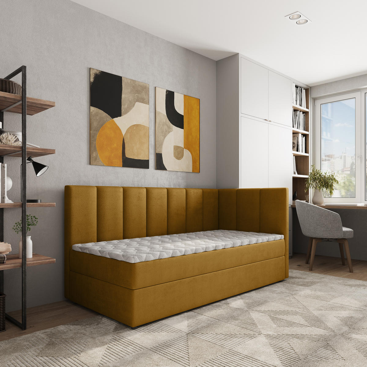 BOXBETT BEVE 80x200 cm mit Matratze und Topper, H2+H3 - Gelb - Gelb, Holz (80/200cm) - MASSENO