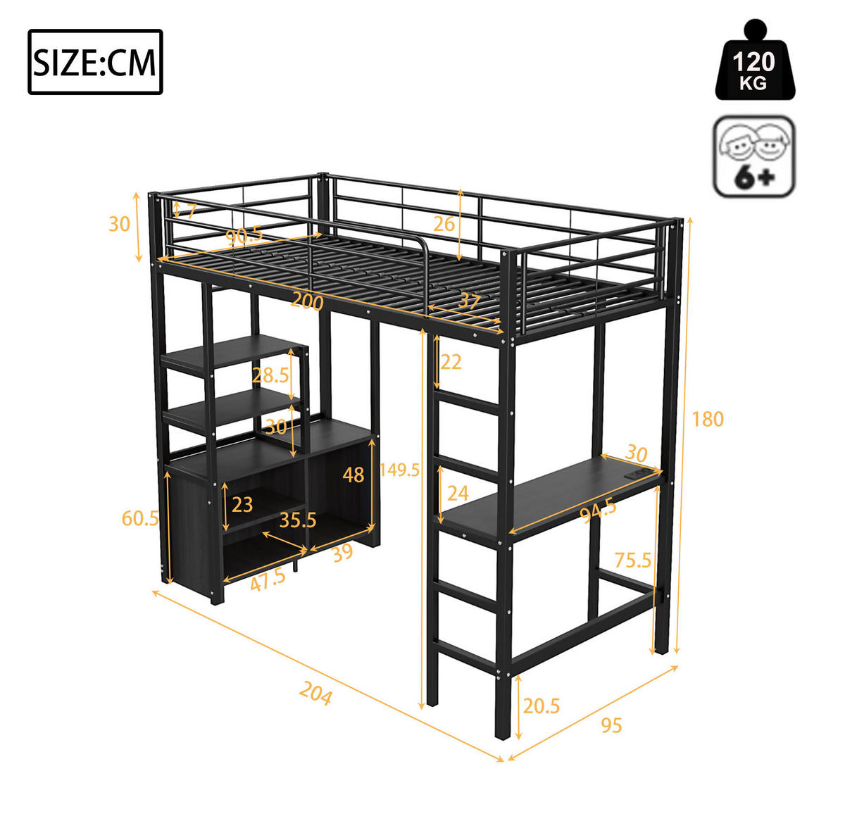 HOCHBETT 90/200 cm, Schwarz mit Schreibtisch, Steckdose und USB - Schwarz, Metall (90/200cm) - MIVRAY