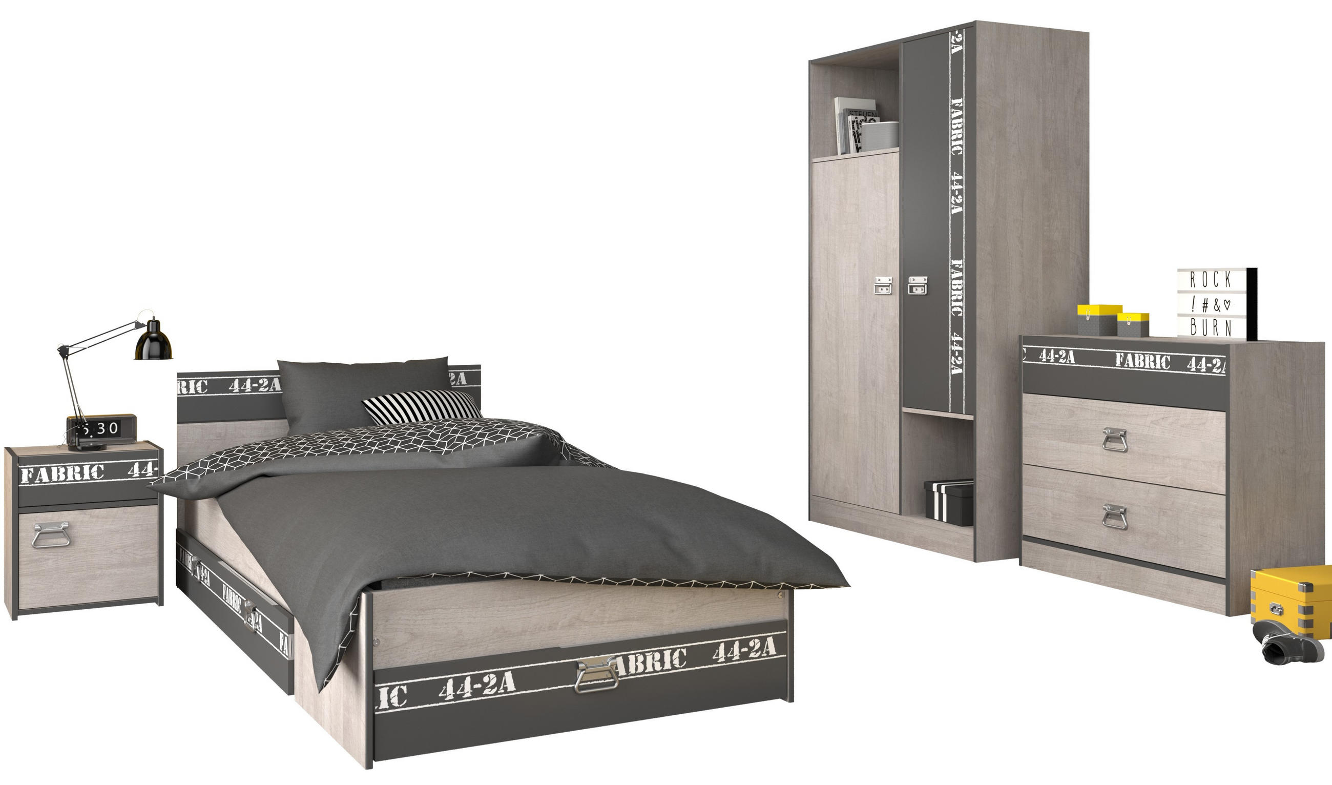 JUGENDZIMMER Fabric 1 in Esche und Grau 5 teilig - Braun, Holzwerkstoff (120/200/80cm)