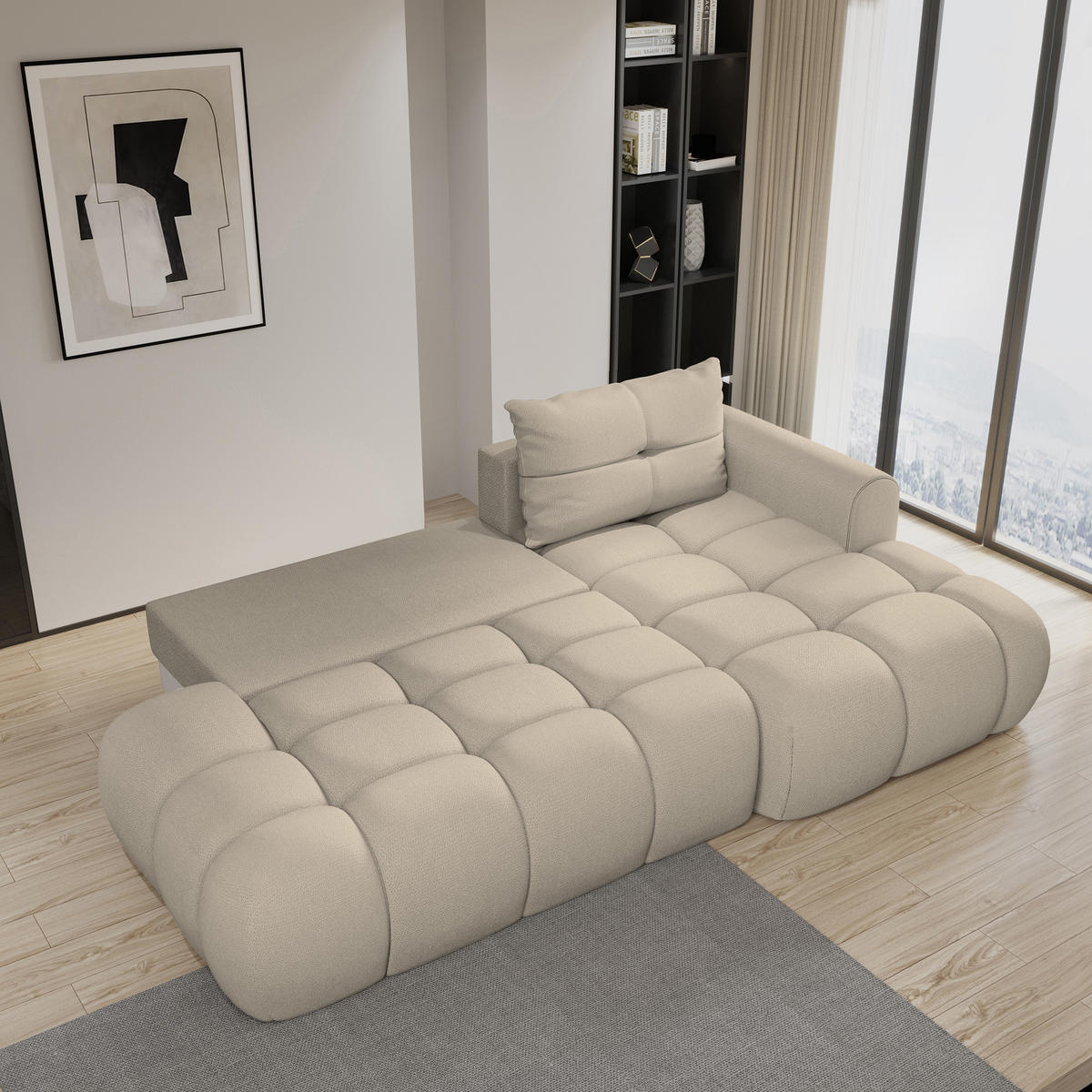 ECKSOFA FLUMA R-S Beige Geflochtener Stoff mit Schlaffunktion - Beige, Holz (274/165cm) - MASSENO