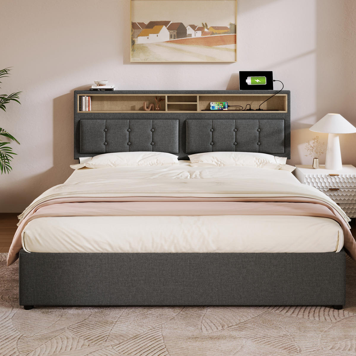 POLSTERBETT mit Bettkasten 140/200 cm in Grau mit USB-C, Steckdosen und Lattenrost - Grau, Textil (140/200cm) - BEAOK