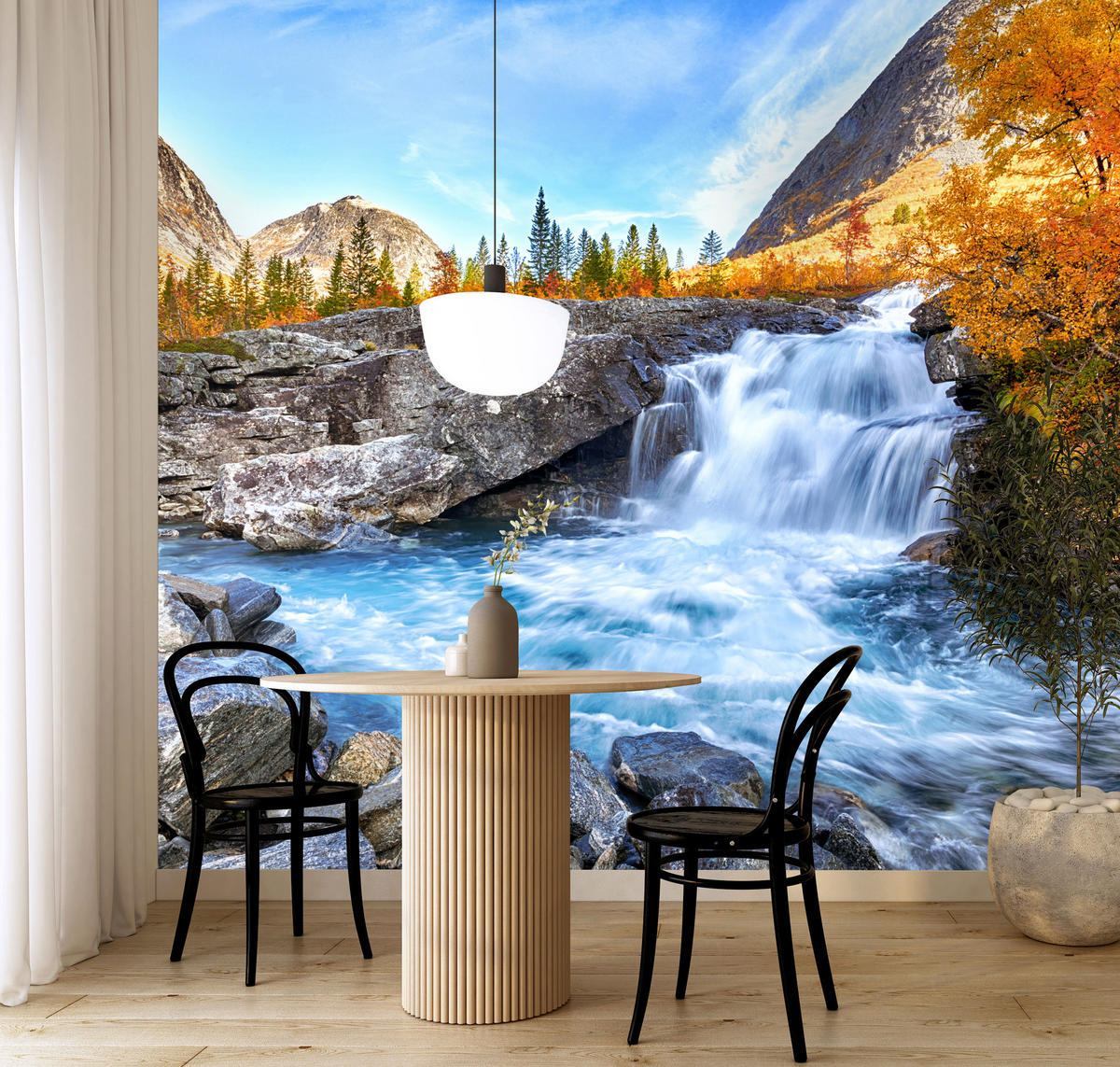 FOTOTAPETE Wasserfall Berge Wald Felsen 3D 300x210 - Blau/Gelb, Papier (300/210cm) - Muralo