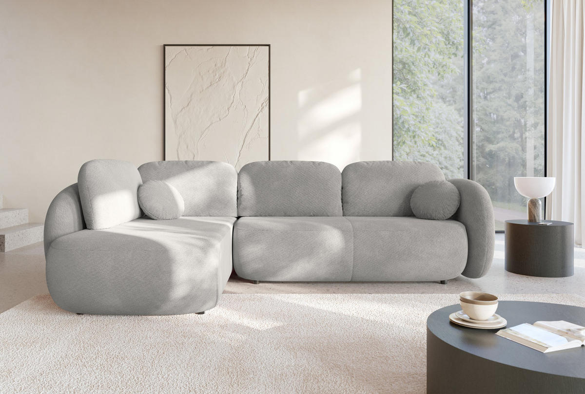 ECKSOFA AMICO II L-S Hellgrau Geflochtener Stoff mit Schlaffunktion - Hellgrau, Holz (289/190cm) - MASSENO