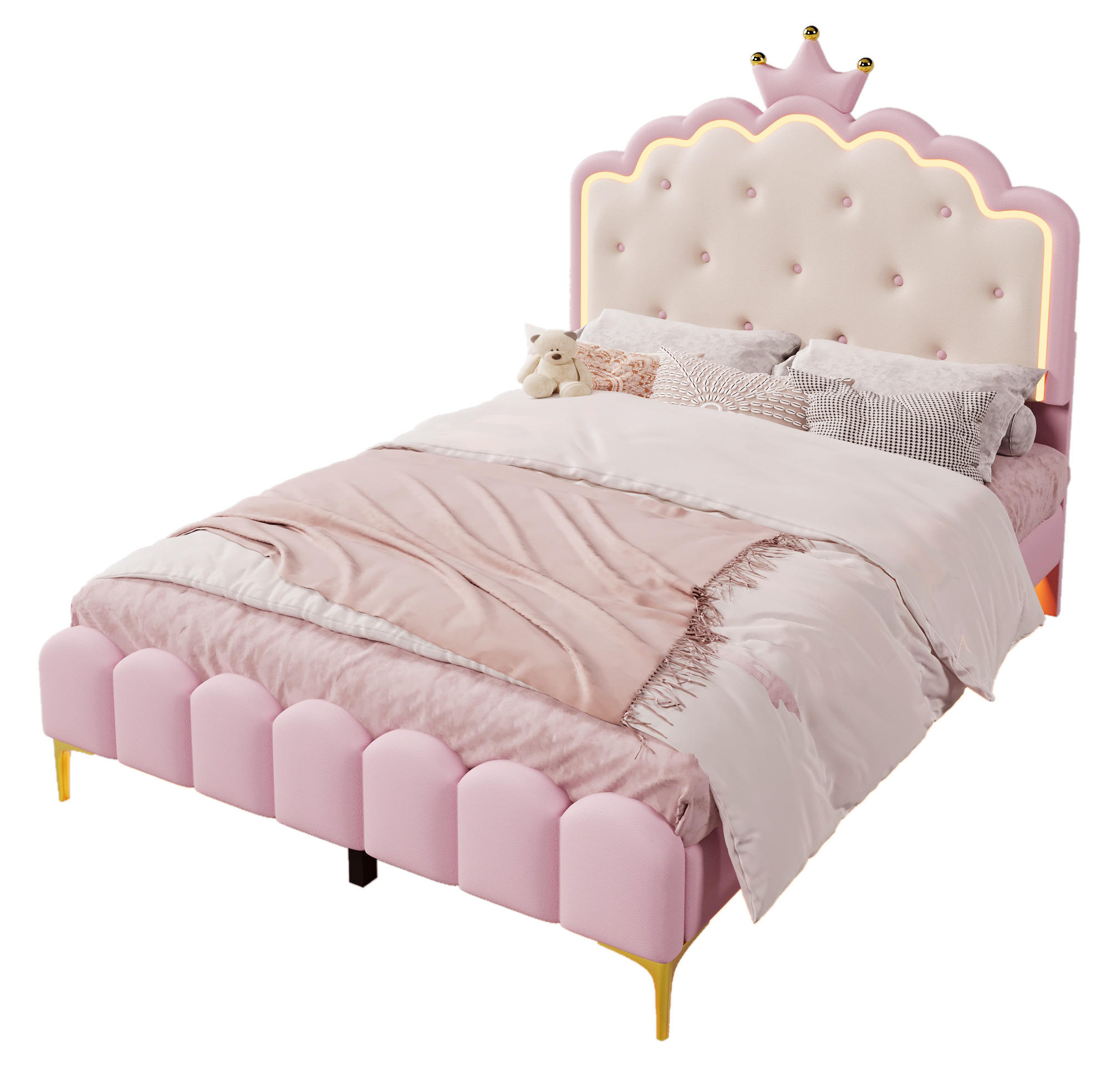 OKWISH ČALOUNĚNÁ postel 140/200 cm růžová z PU s LED osvětlením a roštem