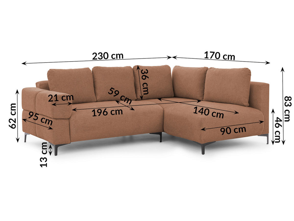 ECKSOFA inkl. Hocker Cardea mit Schlaffunktion in Bubble-Optik aus weichem Terrakotta Strukturstoff und hohem Sitzkomfort - Ottomane rechts - Terracotta/Schwarz, Holz/Textil (230/170cm) - S-Style Möbel