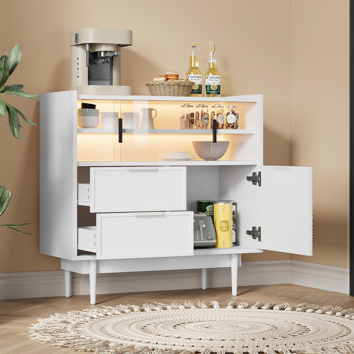 AUFBEWAHRUNGSSCHRANK mit LED-Lichtleiste, MDF Weiß, mit Glasschiebetür, 80/80/35 cm, Weiß - Weiß, Holzwerkstoff (35/80/80cm) - Redom