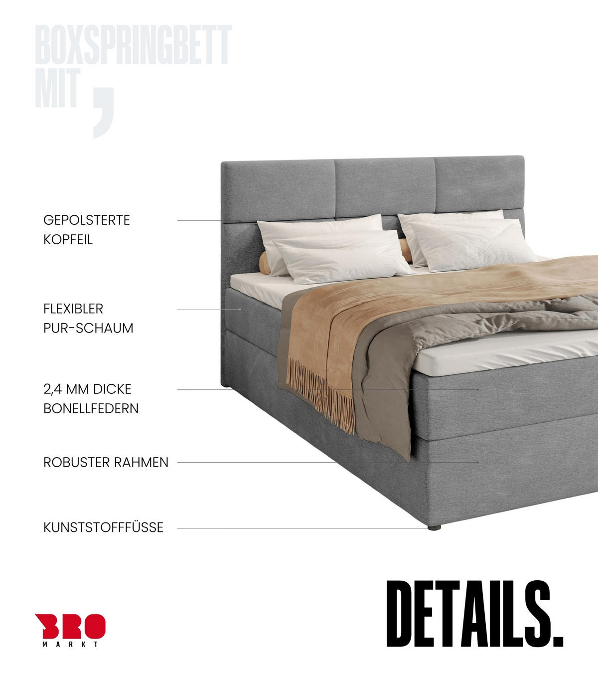 BOXBETT Boston mit Topper 180/200 Hellgrau - Hellgrau, Holzwerkstoff/Textil (180/200cm) - Bromarkt