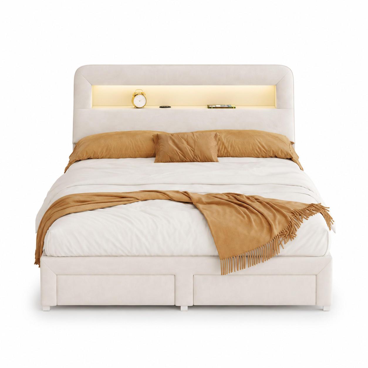 POLSTERBETT 140/200 cm mit Ablagekopfteil, LED-Beleuchtung, USB-Anschluss, Seitenablagen und zwei Unterbettschubladen - Beige, Holz/Metall (140/200cm) - Joyfair