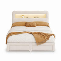 POLSTERBETT 140/200 cm mit Ablagekopfteil, LED-Beleuchtung, USB-Anschluss, Seitenablagen und zwei Unterbettschubladen - Beige, Holz/Metall (140/200cm) - Joyfair