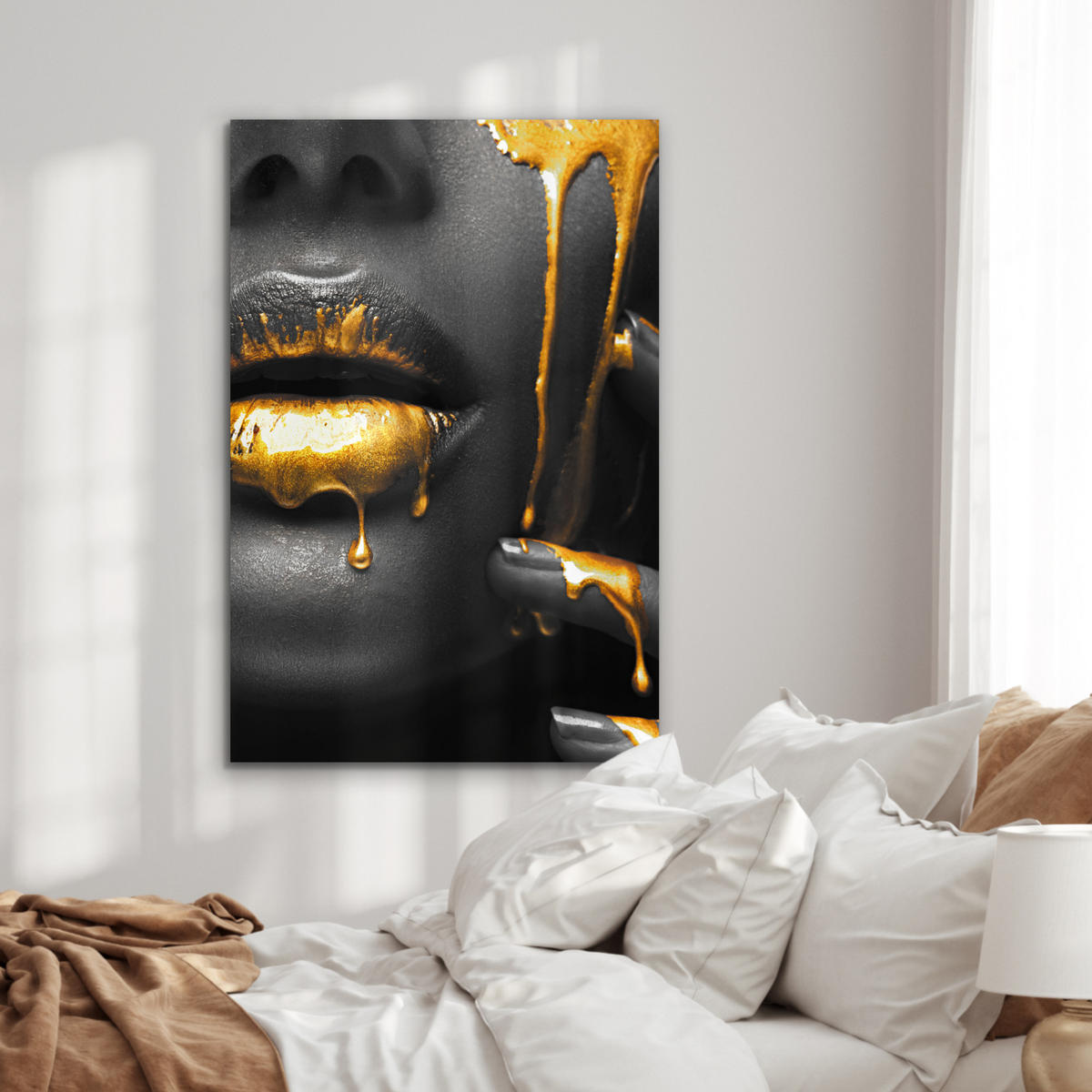 METALLBILD Frau - Schwarz - Gold - Gesicht - Lippen 60x90 cm - Goldfarben, Metall (60/90cm) - MuchoWow