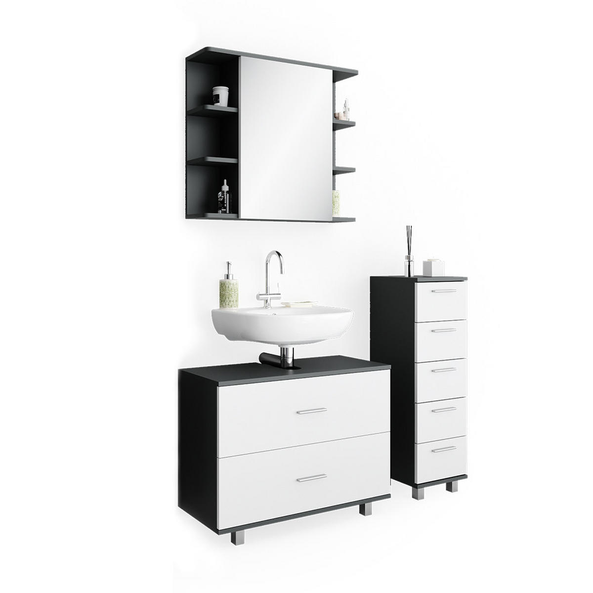 BADMÖBEL-SET Ilias Weiß/Anthrazit 3 Teile, mit Unterschrank 80 cm - Anthrazit/Weiß, Holzwerkstoff (80/60/33cm) - Vicco