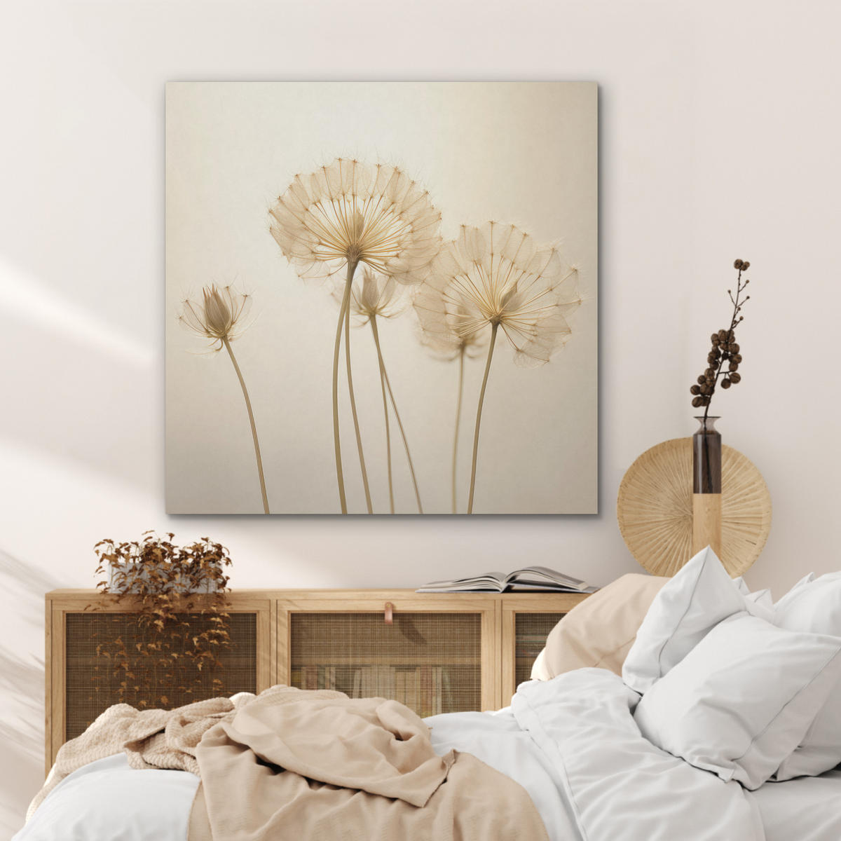 AKUSTIKPANEEL Sonnenlicht - Löwenzahn - Botanisch - Blumen 90x90 cm - Creme, Textil (90/0.9/90cm) - MuchoWow
