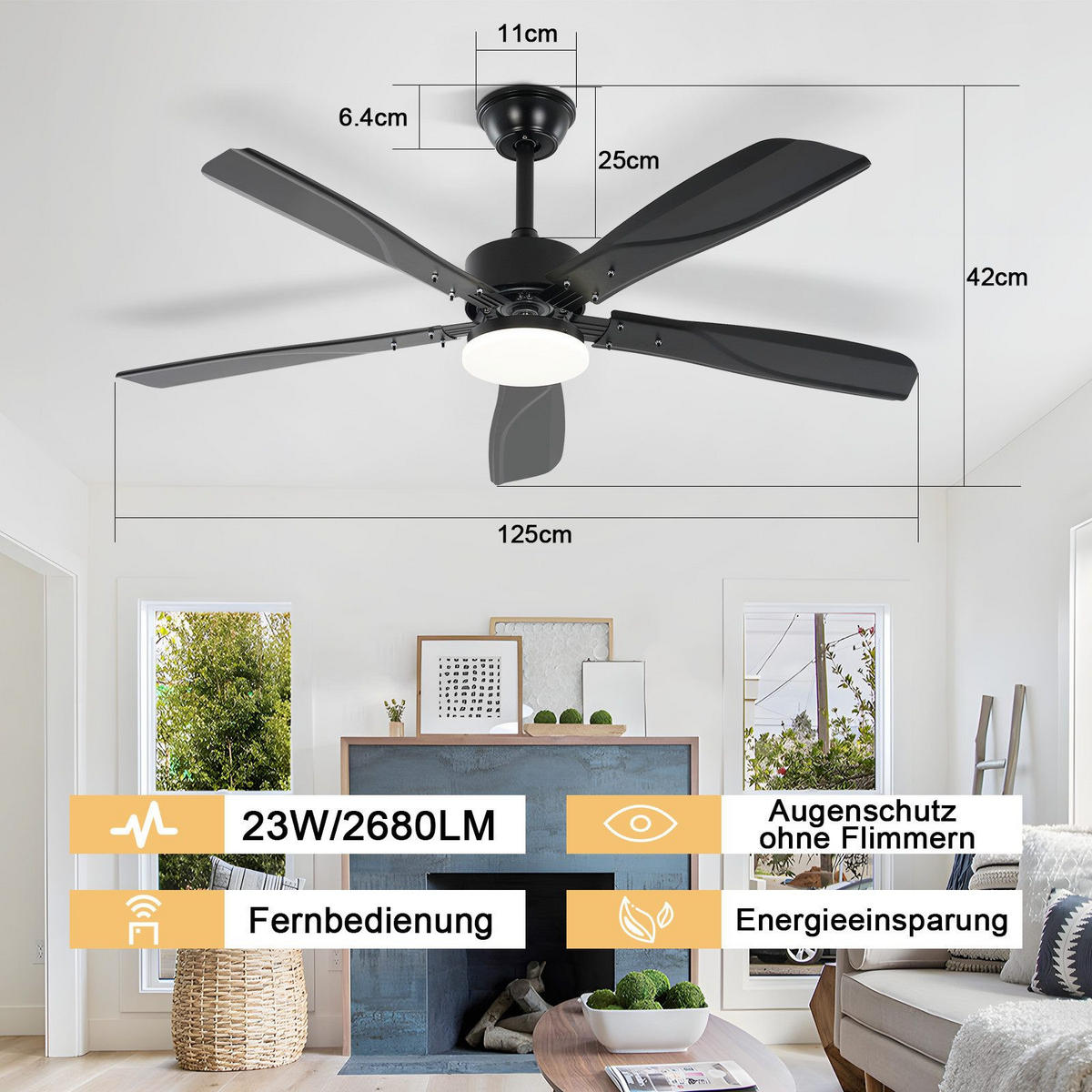 DECKENVENTILATOR BRILON Ⅲ 125/6/42 cm - Schwarz, Kunststoff (125/125/42cm) - Nettlife