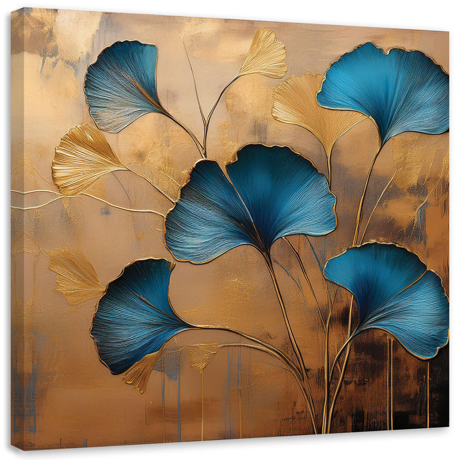 LEINWANDBILD Gold Ginko Blumen Botanik Art-Deco Natur 50x50cm - Beige, Textil (50/50cm) - Feeby