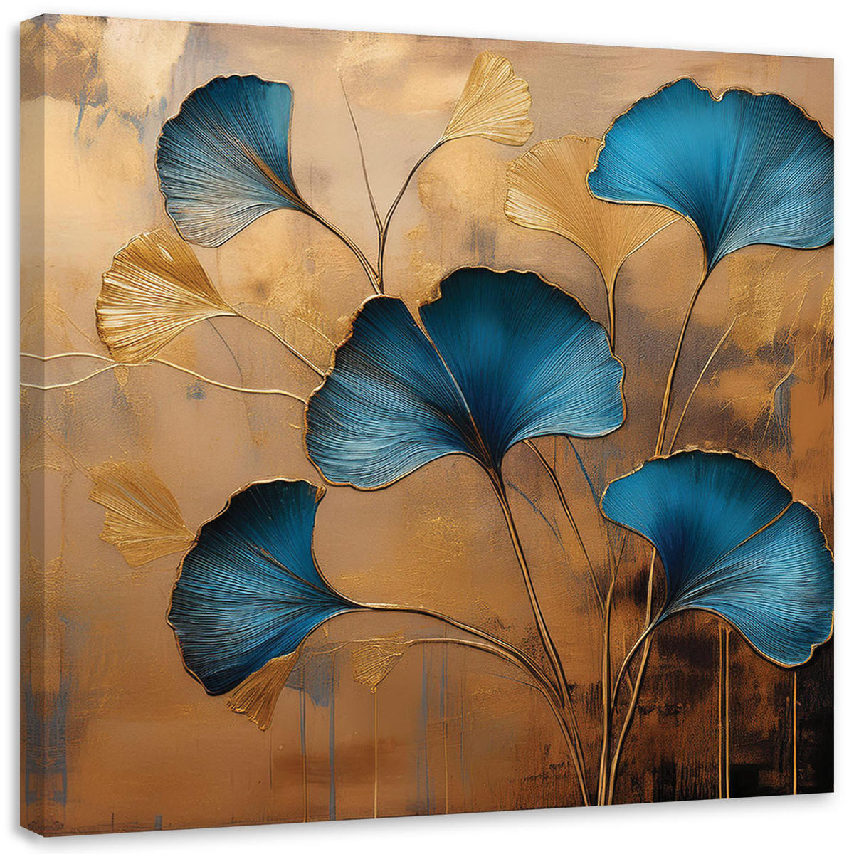 LEINWANDBILD Gold Ginko Blumen Botanik Art-Deco Natur 50x50cm - Beige, Textil (50/50cm) - Feeby
