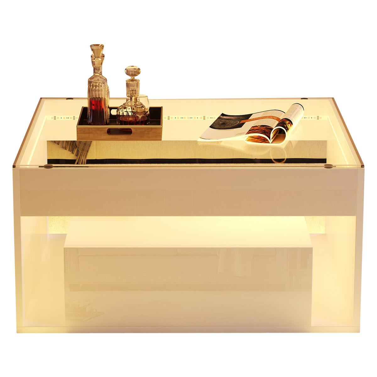 COUCHTISCH 70/70/35 cm Weiß aus Holzwerkstoff mit Glasplatte und LED-Lichtstreifen - Weiß, Holzwerkstoff (70/70/35cm) - OKWISH