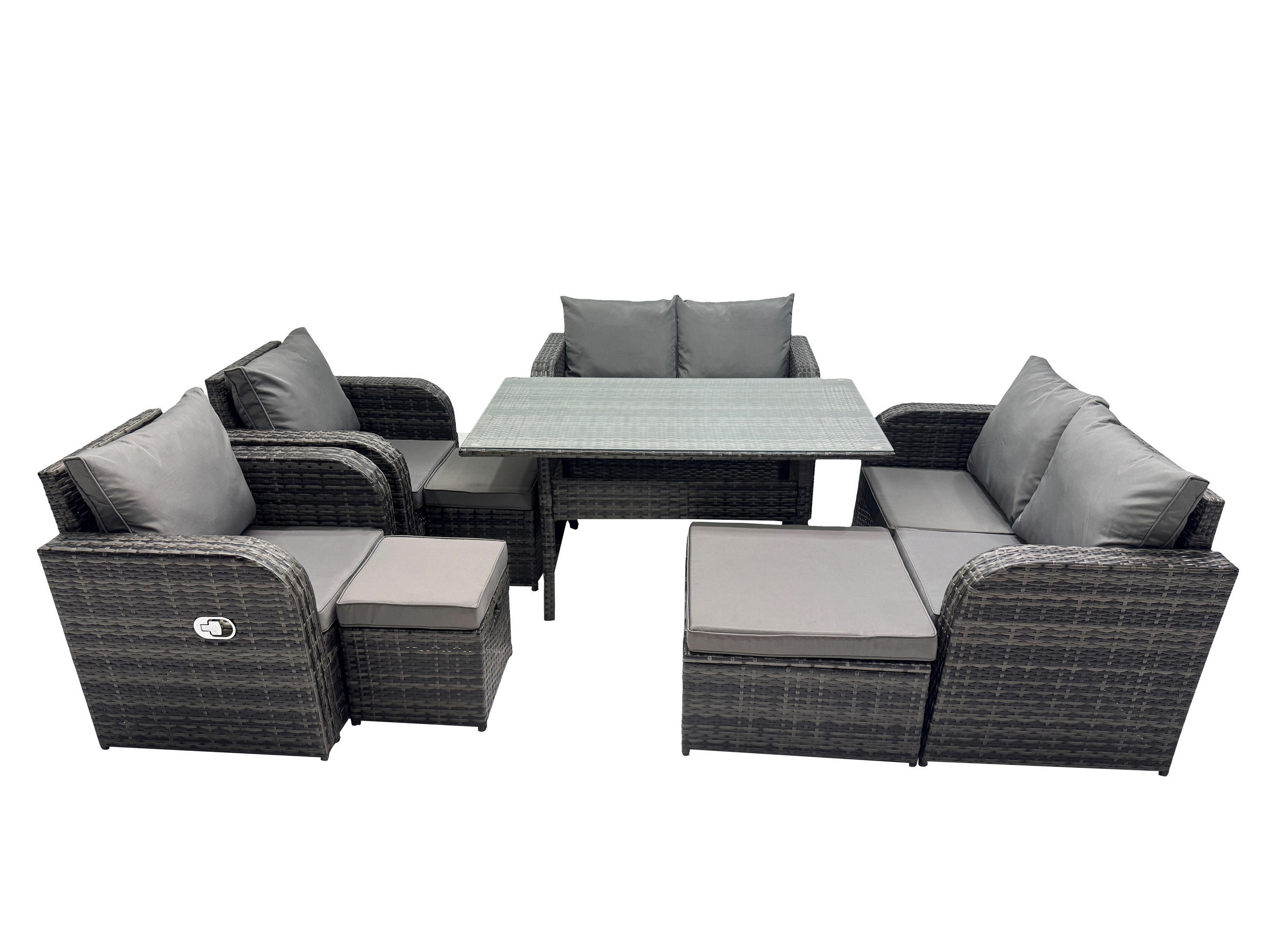 GARTENSET mit Zweisitzer,Esstisch,Polyrattan 9-Sitzer - Dunkelgrau/Grau, Glas/Kunststoff - Fimous