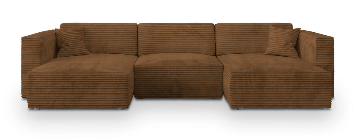 WOHNLANDSCHAFT SARMO Kupferfarben Kordstoff mit Schlaffunktion - Kupferfarben, Holz (347/90/148cm) - MASSENO